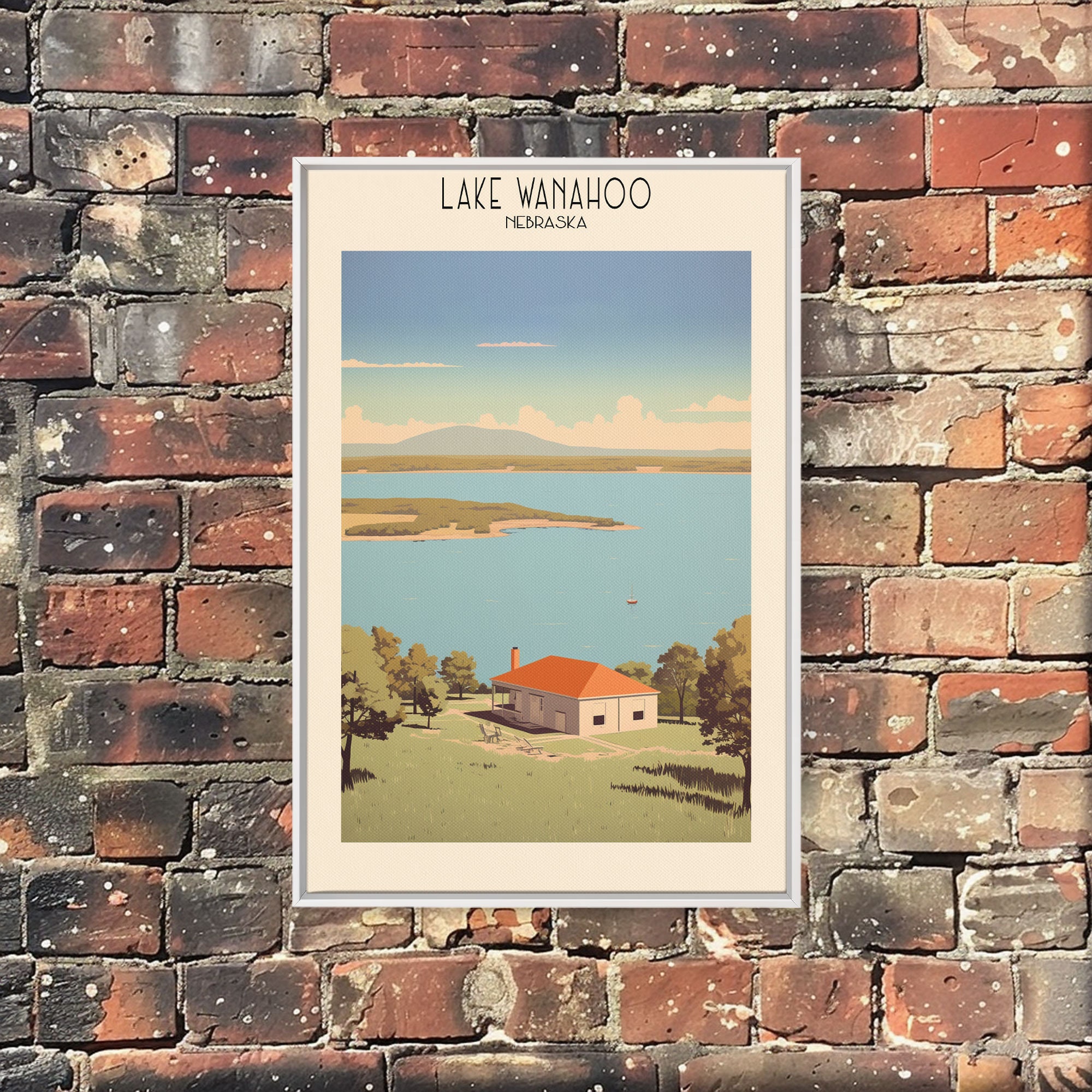 Wanahoo Lake Nebraska Framed Canvas Print, Travel Poster, Wall Art, Pop Art, Lake House Decor, Travel Gift, Retro Style, Living Room Art, Tr