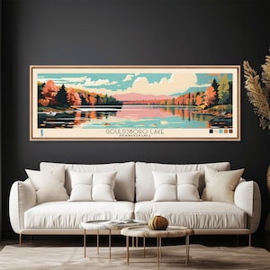 Gouldsboro Lake Pennsylvania Framed Canvas Print, Panoramic Wall Art, Midcentury Modern Living Room Wall Art, Travel Poster, Home Decor
