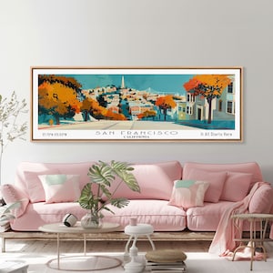 San Francisco California Panoramic Wall Art, Mid Century Modern Framed Canvas Print, Retro Pop Art Travel Poster, City Art, Living Room Art