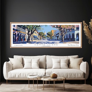 Santa Clara California Panoramic Wall Art, Mid Century Modern Framed Canvas Print, Retro Pop Art Travel Poster, City Art, Living Room Art