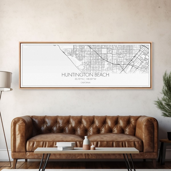 Panoramic Huntington Beach City Map, California Art, Map Print, Minimalist Wall Art, Canvas Art, Housewarming Gift, Street Map, Closing Gift