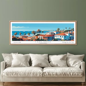 Carlsbad California Panoramic Painting, Mid Century Modern Framed Canvas Print, Retro Pop Art Travel Poster, Living Room Wall Art City Print