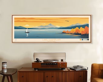 Lake Champlain New York Vermont Framed Canvas Print, Panoramic Art, Midcentury Modern Living Room Wall Art, Travel Poster, Lake House Decor