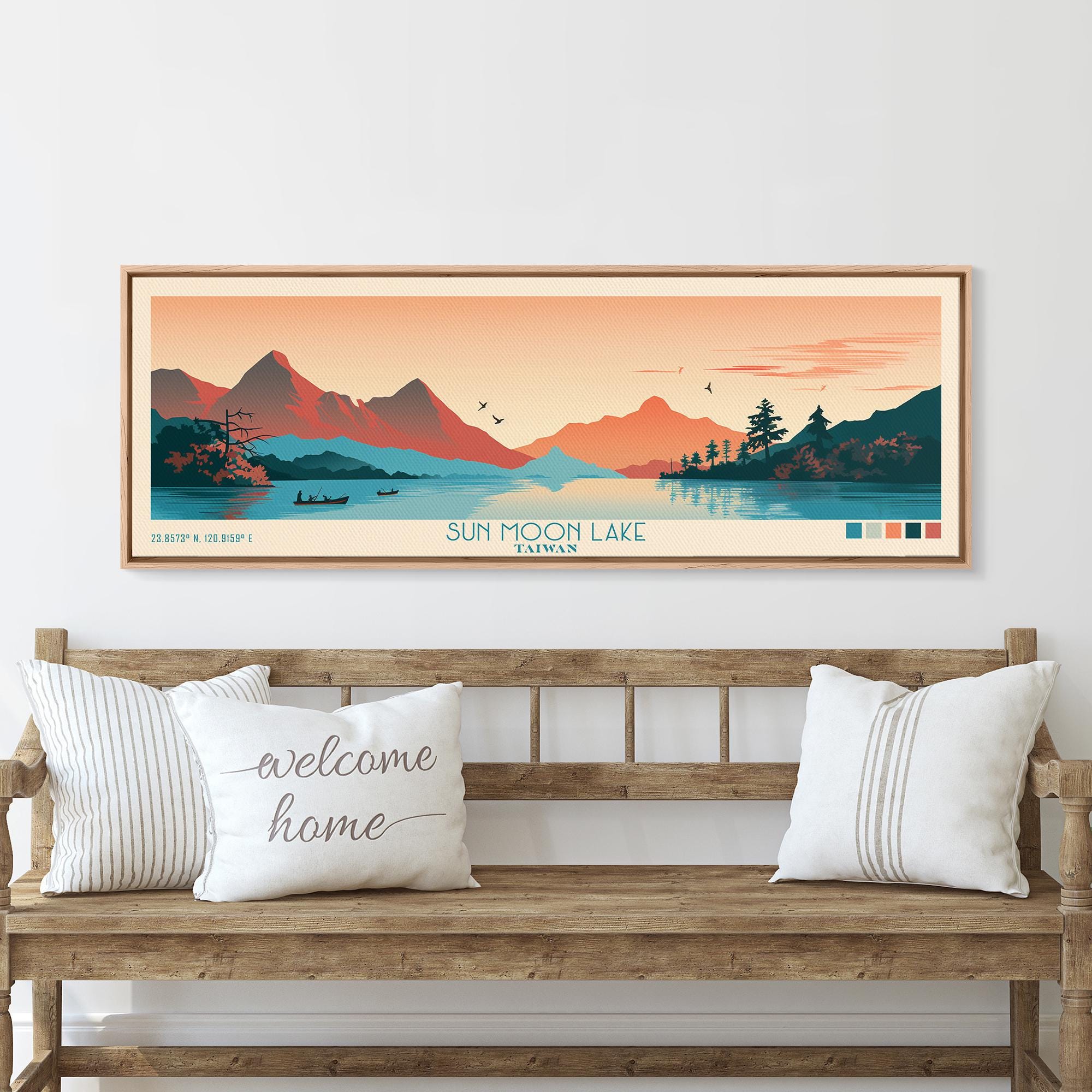 【サイン＋チラシ付き！】旅するペン画 心に沁みる風景を求めて Sun Moon Lake Taiwan Art Print: Panoramic Travel Poster - Etsy