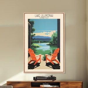 Lillinonah Lake Connecticut Enmarcado Lienzo Impresión, arte pop, decoración de la casa del lago, cartel de viaje, arte de la pared de Connecticut, decoración del hogar, modo de mediados de siglo