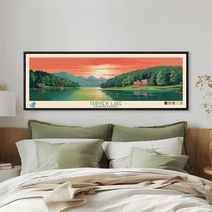 Fairview Lake Pennsylvania Framed Canvas Print, Panoramic Art, Midcentury Modern Living Room Decor, Travel Poster, Wall Art, Nature Art
