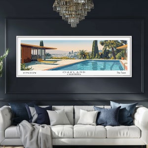 Oakland California Panoramic Painting, Mid Century Modern Framed Canvas Print, Retro Pop Art Travel Poster, City Art, Office Room Art