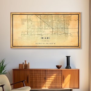Vintage MIAMI FL Map Art Wall Decor, Framed Canvas, City Map Miami Florida, Art Print Poster, Whimsical Illustration, Distressed Travel Art