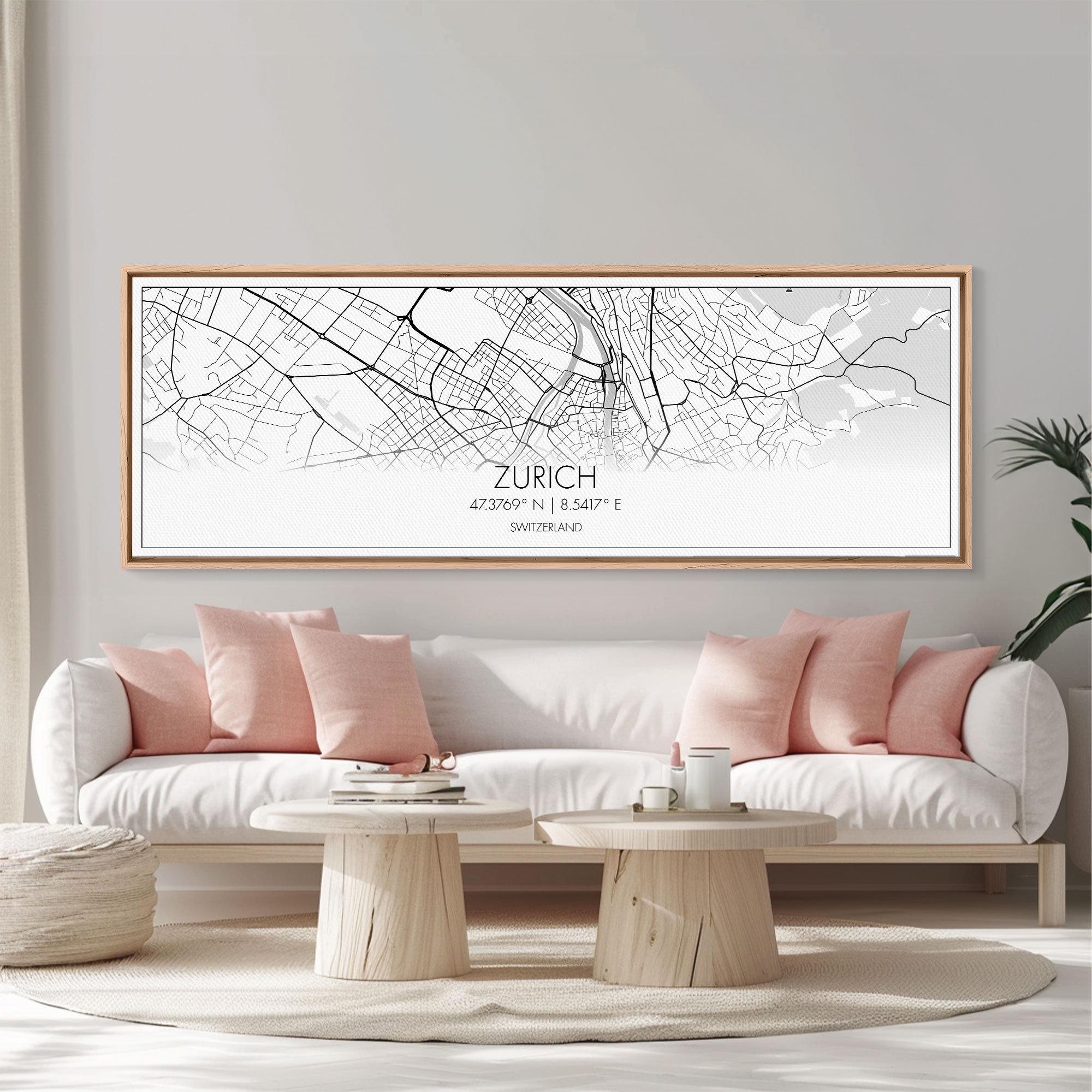 Panoramic Zurich City Map Art: Minimalist Switzerland Print