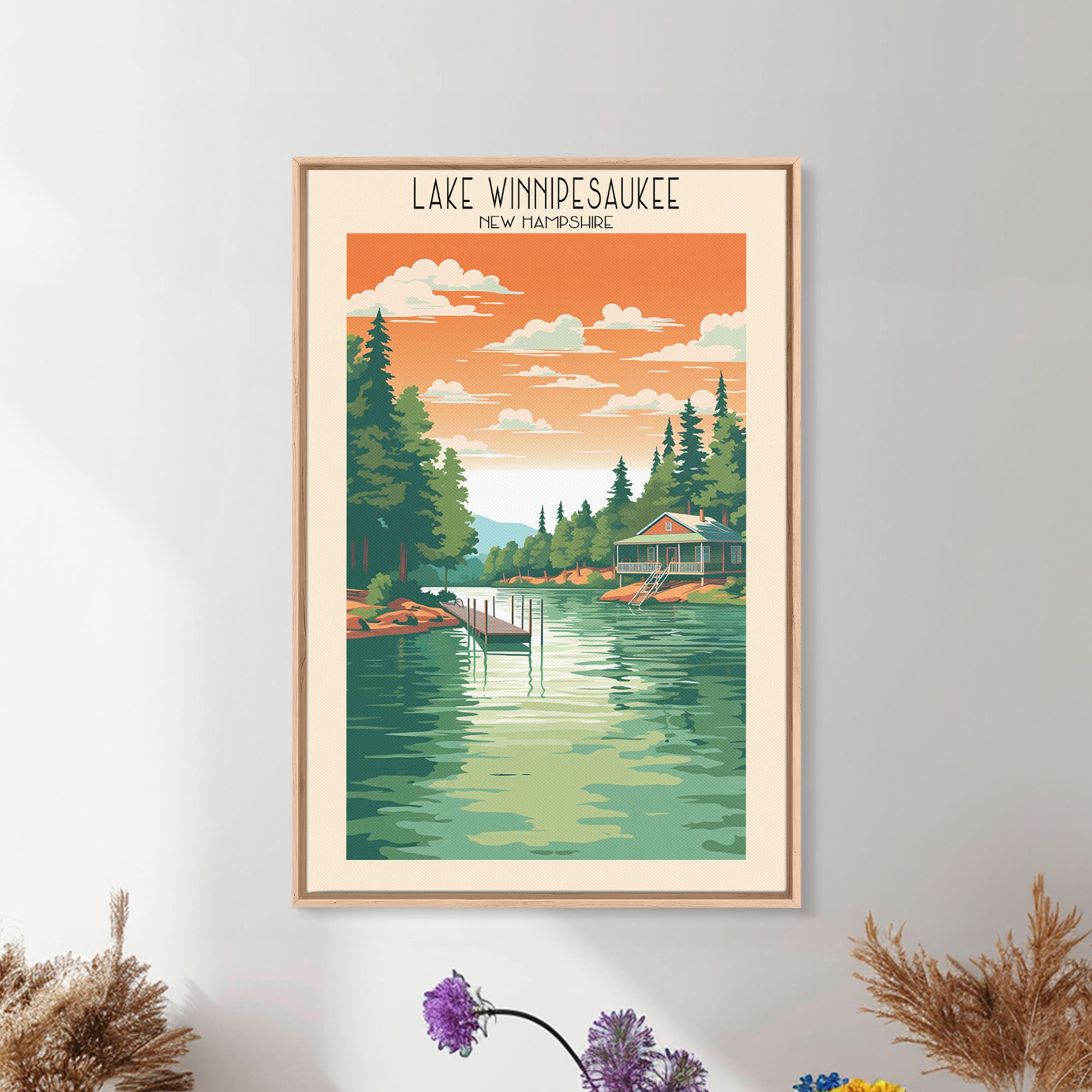 Lake Winnipesaukee New Hampshire Framed Canvas Print, travel poster art, lake house decor, wall art, midcentury design, home decor,
