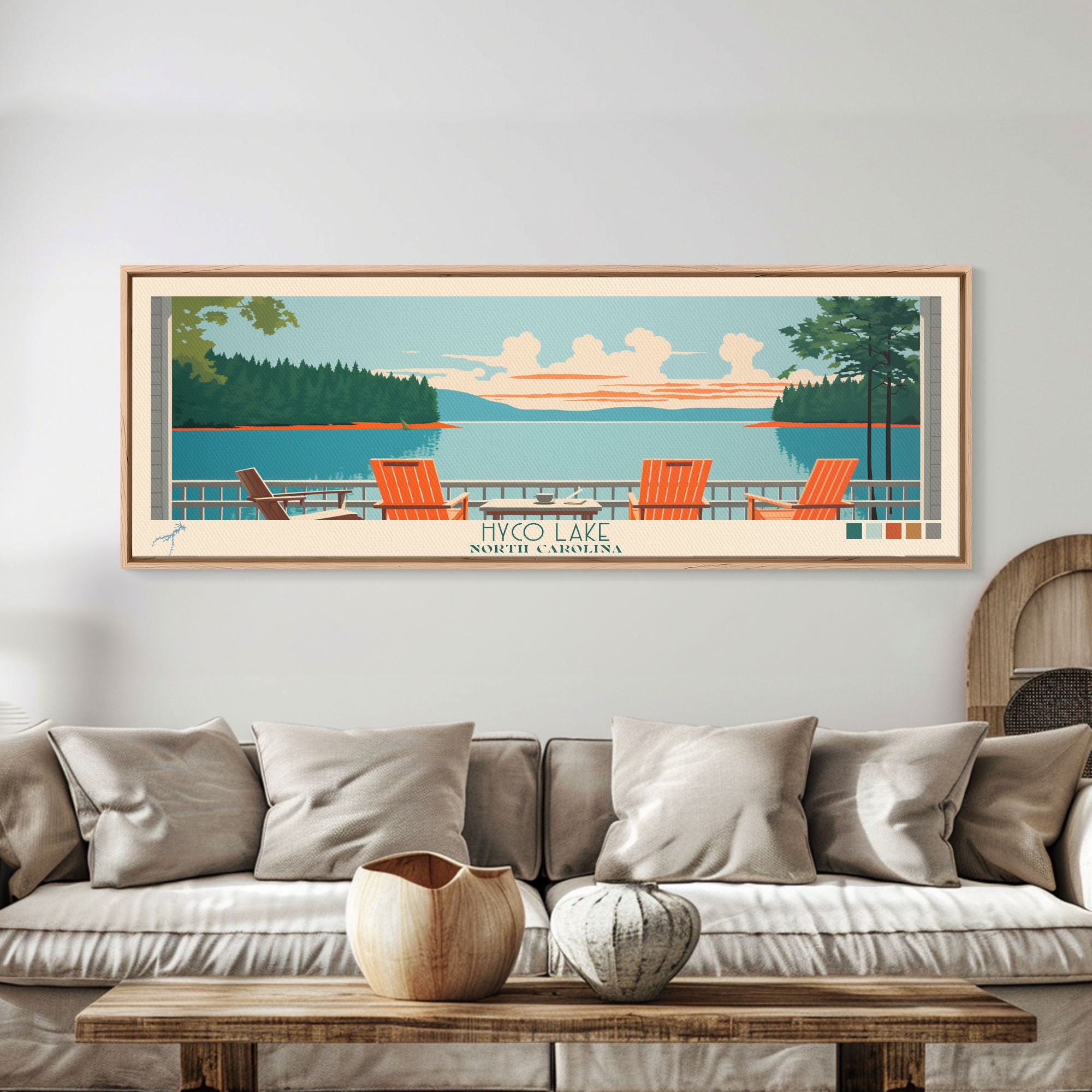 Hyco Lake North Carolina Framed Canvas Print, Panoramic Art, Midcentury Modern, Pop Art, Living Room Wall Art, Travel Poster, Lake House Art