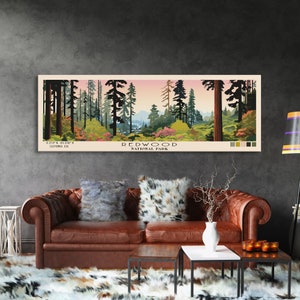 Redwood National Park Panoramic California Travel Art, National Park Print, Minimalist Travel Art, Subdued Watercolor Painting Panoramic
