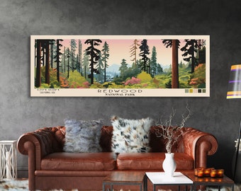 Redwood National Park Panoramic California Travel Art, National Park Print, Minimalist Travel Art, Subdued Watercolor Painting Panoramic