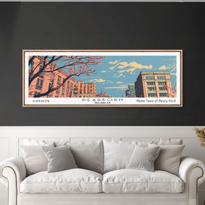 Downey California Panoramic Wall Art, Mid Century Modern Framed Canvas Print, Retro Pop Art Travel Poster, City Living Room  Home Decor