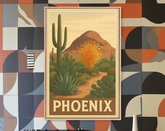 Phoenix Travel Poster, Framed Canvas Print, Old School Travel Poster, Phoenix Art Print, Vintage Travel Art, Watercolor Downtown Skyline