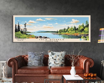 Isle Royale National Park Panoramic Michigan Travel Art, National Park Print, Minimalist Travel Art, Subdued Watercolor Painting Panoramic