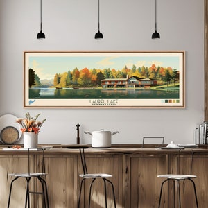 Laurel Lake, Pennsylvania Panoramic Wall Art Framed Canvas Print, Midcentury Modern, Pop Art, Home Decor, Travel Poster, Bedroom Art