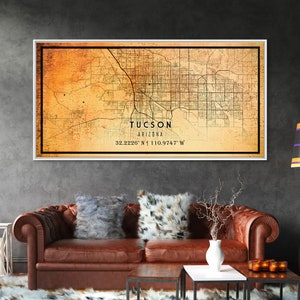Old Tucson City Map Wall Art Canvas Print, Vintage Style Tucson Map, Framed Wall Art, Cool Tucson Arizona Wall Art, Office Decor
