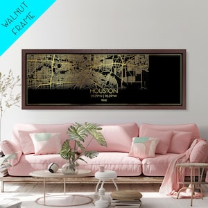 Houston Texas City Poster, Panoramic street map, black and gold, Metallic Gold Art, Metal Art, wood framed map, Housewarming Gift