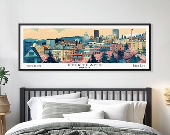 Portland Oregon Panoramic Wall Art, Mid Century Modern Framed Canvas Print, Retro Pop Art Travel Poster, City Art, Office Art