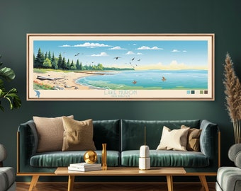 Lake Huron Michigan Framed Canvas Print, Panoramic Wall Art, Midcentury Modern, Pop Art, Living Room Decor, Travel Poster, Bedroom Art