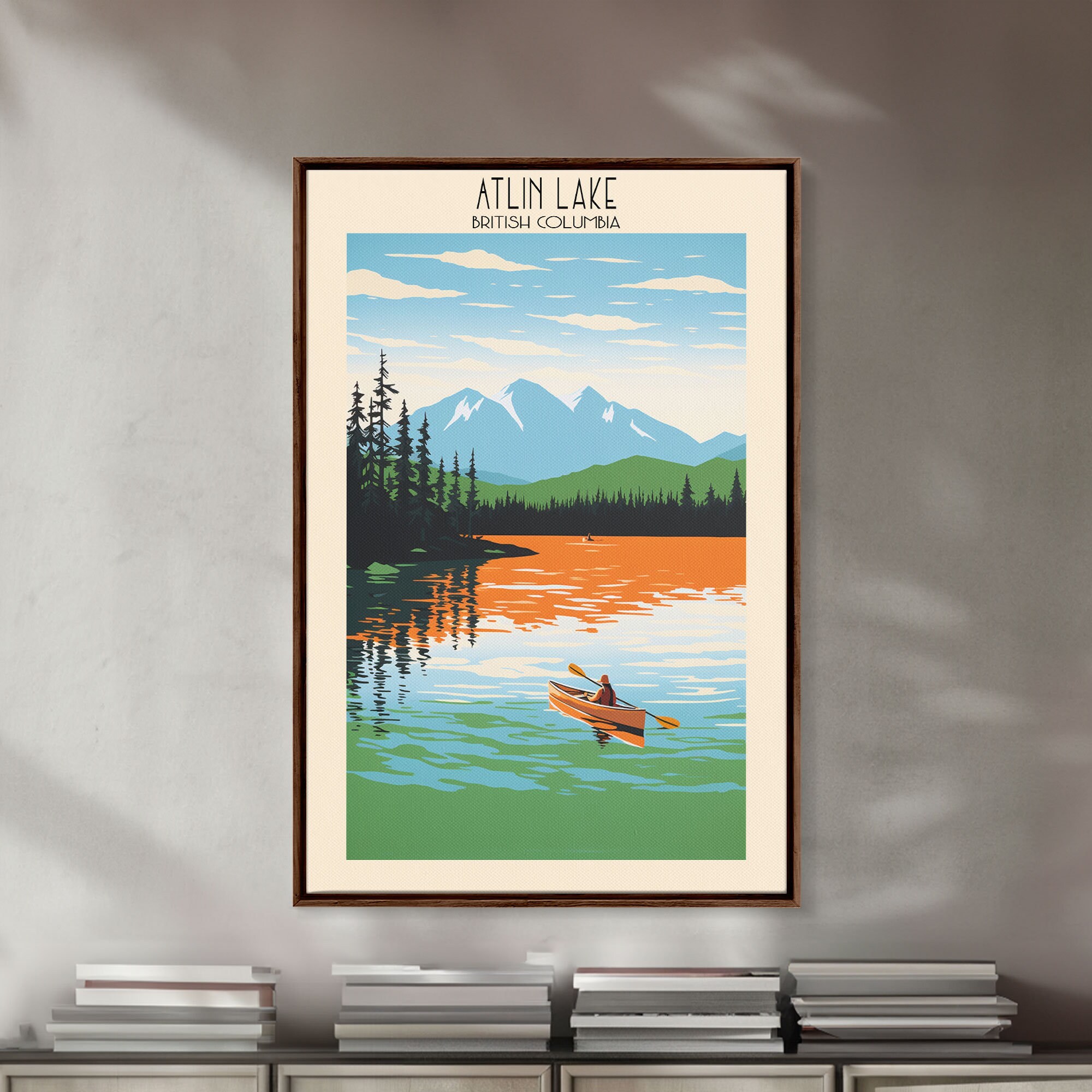 Atlin Lake British Columbia Framed Canvas Print, Office Wall Art, Home Decor, Travel Print, Pop Art, Midcentury Style