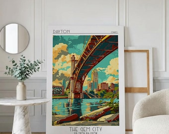 Dayton Travel Poster, Canvas Print, Vintage Travel Print, City Wall Art, City Art Print, Art Print, Watercolor Cityscape, Home Decor