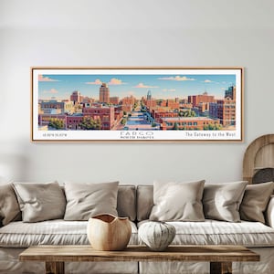 Fargo North Dakota Panoramic Painting, Mid Century Modern Framed Canvas Print, Retro Pop Art Travel Poster, City Wall Art