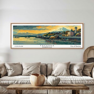 Tacoma Washington Panoramic Painting, Mid Century Modern Framed Canvas Print, Retro Pop Art Travel Poster, Wall Hanging for Home Decor