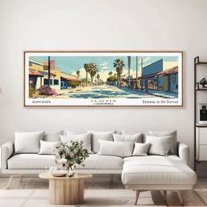 Clovis California Panoramic Wall Art, Mid Century Modern Framed Canvas Print, Retro Pop Art Travel Poster, City Office Decor, Home Art