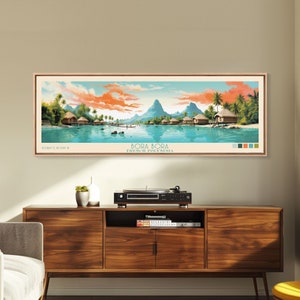 Impresión en lienzo enmarcada con arte de viaje de Bora Bora, Polinesia Francesa, decoración del hogar, póster de viaje, arte de pared vintage, pintura de acuarela panorámica