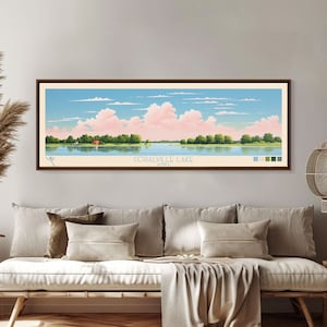 Coralville Lake Iowa Framed Canvas Print, Midcentury Modern Panoramic Wall Art Living Room Decor Travel Poster Art Painting Lake House Decor