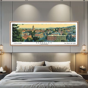 Berkeley California Panoramic Painting, Mid Century Modern Framed Canvas Print, Retro Pop Art Travel Poster, Home Decor, City Print
