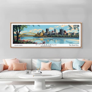 Pittsburgh Pennsylvania Panoramic Wall Art, Mid Century Modern Framed Canvas Print, Retro Pop Art Travel Poster, City Art, Living Room Art