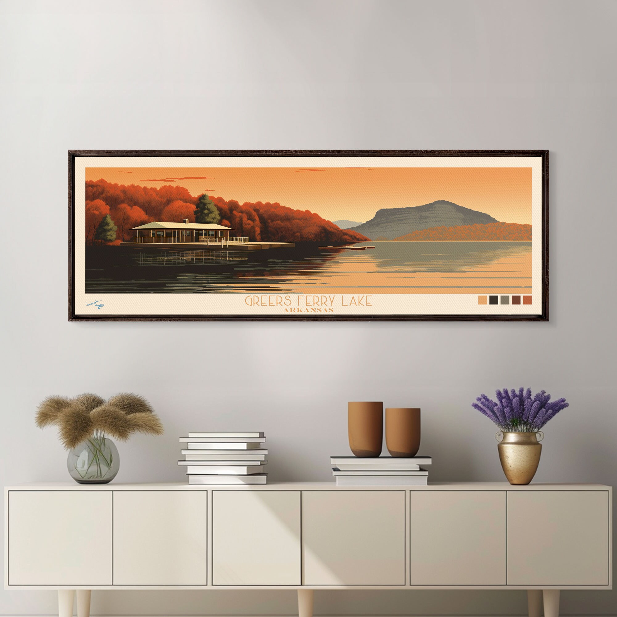 Greers Ferry Lake Arkansas Framed Canvas Print, Panoramic Wall Art, Midcentury Modern Living Room Decor, Travel Poster, Artistic Decor