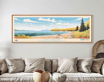 Lake Superior Framed Canvas Print: Mid-Century Modern Panoramic Wall Art