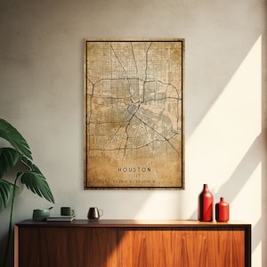 Houston Vintage Map Print, Framed Canvas, Houston Map, Texas Map Art, Houston City Road Map Poster, Vintage Map