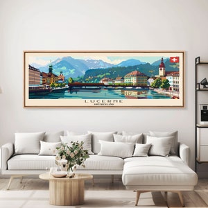 Lucerna Suiza Arte de viaje, Arte de la ciudad, Impresión de lienzo enmarcado o arte de metal, Cartel de viaje de Europa, Arte panorámico de la pared, Arte de pared extra ancho