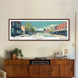 May include: A vintage-style illustration of a street scene in Gresham, Oregon. The image features a street lined with buildings, trees, and a crosswalk. The text "Gresham, Oregon" and "Going Beyond" are visible at the bottom of the image.