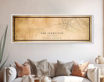 Panoramic Old San Francisco City Map Wall Art Canvas Print, Vintage Style San Francisco Map, Framed Wall Art, Cool Wall Art, Office Decor