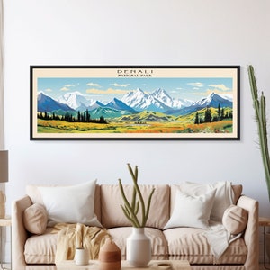 Denali National Park Panoramic Alaska Travel Art, National Park Print, Minimalist Travel Art, Subdued Watercolor Painting Panoramic