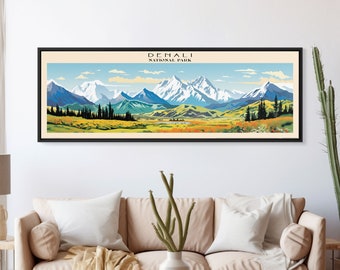 Denali National Park Panoramic Alaska Travel Art, National Park Print, Minimalist Travel Art, Subdued Watercolor Painting Panoramic