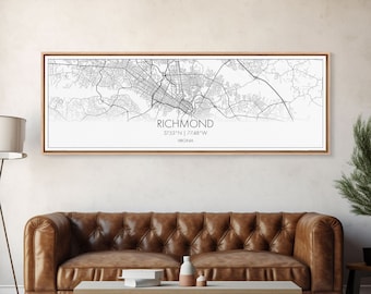 Panoramic Richmond City Map, Virginia Art, Map Print, Minimalist Wall Art, Canvas Art, Housewarming Gift, Street Map Art, Closing Gift