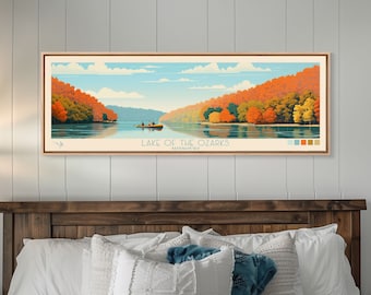 Lake of the Ozarks Missouri Framed Canvas Print, Panoramic Wall Art, Midcentury Modern Bedroom Art, Travel Poster, Lake House Decor