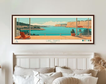 Lake Travis Texas Framed Canvas Print: Mid-Century Modern Panoramic Wall Art