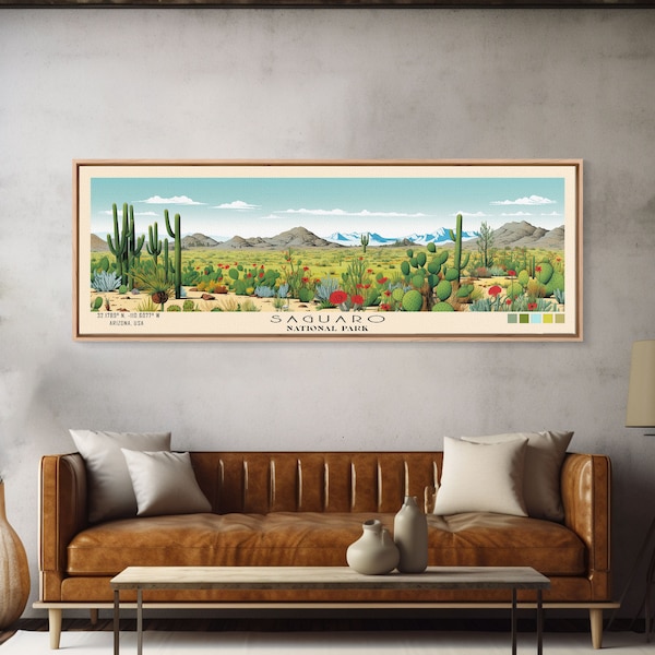 Saguaro National Park Panoramic Arizona Travel Art, National Park Print, Minimalist Travel Art, Subdued Watercolor Painting Panoramic