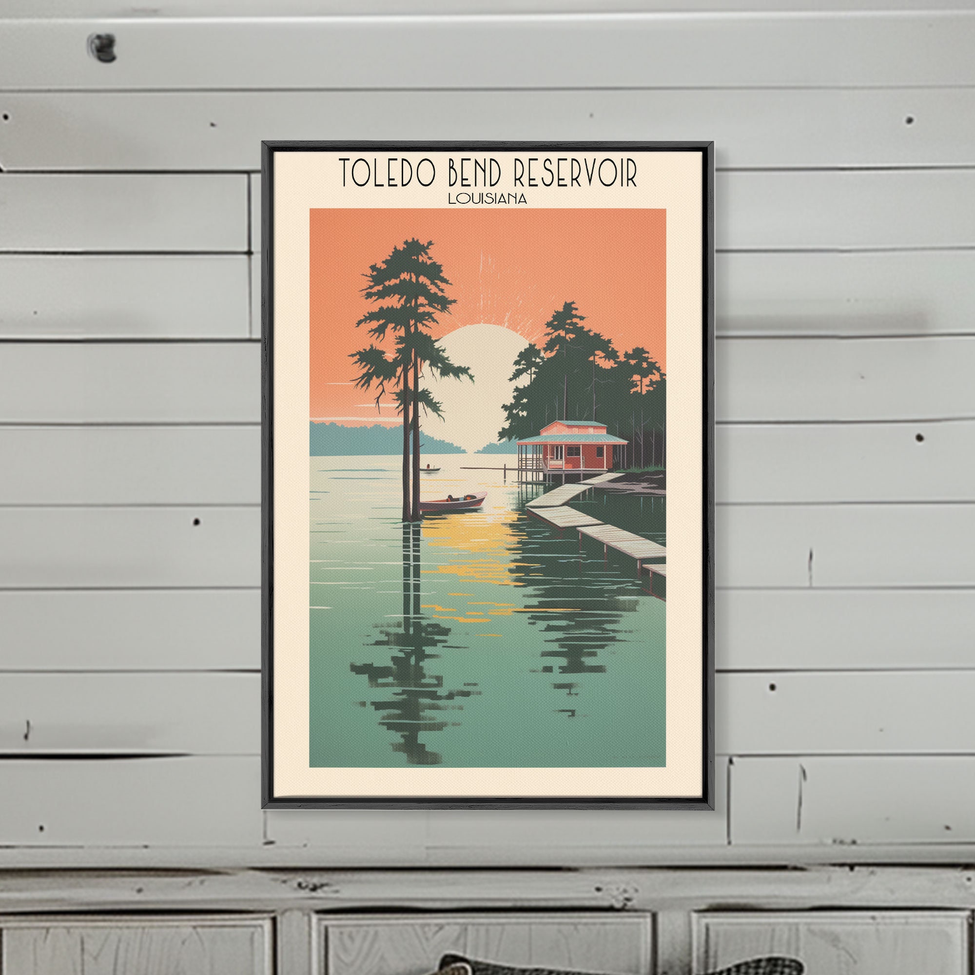 Toledo Bend Texas Louisianna Impresión de lienzo enmarcado, cartel de viaje, arte de la pared, decoración de la casa del lago, arte pop, decoración de la sala de estar, regalo de viaje