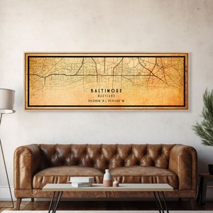 Panoramic Old Baltimore City Map Wall Art Canvas Print, Vintage Style Baltimore Map, Framed Wall Art, Cool Maryland Wall Art, Office Decor