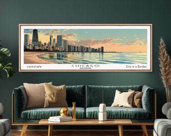 Chicago Florida Panoramic Painting, Mid Century Modern Framed Canvas Print, Retro Pop Art Travel Poster, Living Room Wall Art, City Art