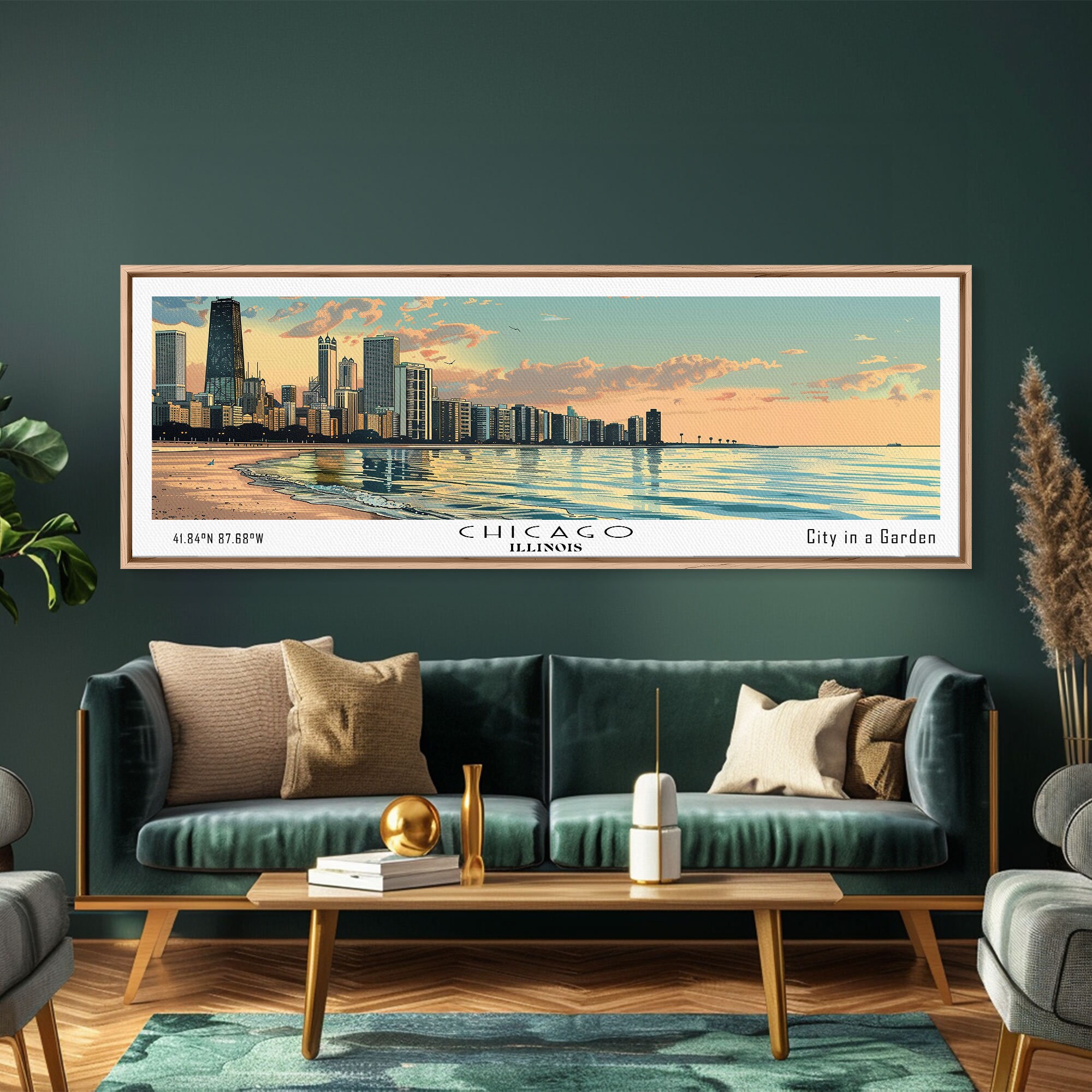 Chicago Florida Panoramic Painting, Mid Century Modern Framed Canvas Print, Retro Pop Art Travel Poster, Living Room Wall Art, City Art